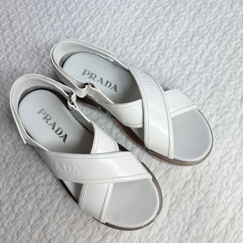 Prada Logo Thick Bottom Cloudbust Air Sandals Sport Sandals Cross Leather White