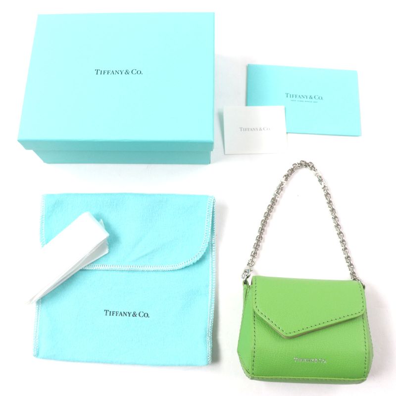 Tiffany & Co T-nano Bag Peridot Logo Print Chain Charm Leather Green Silver