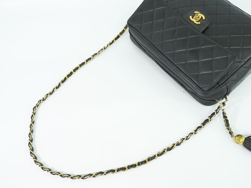 Authentic Chanel Coco Mark Matelasse Tassel Chain Shoulder Bag Leather Black