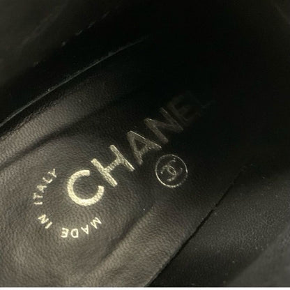 Chanel Boots Short Boots Shoes Leather Black Booties Lace Up Coco Mark Pearl