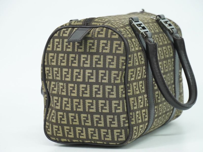 Authentic Fendi Zucchino Mini Boston Bag Handbag Canvas Beige Brown 8bl068