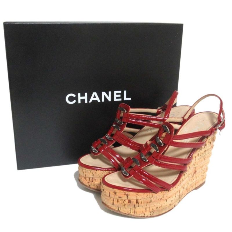 Chanel Patent Leather Cork Sole Wedge Sole Suring Back Sandals 35C 22cm