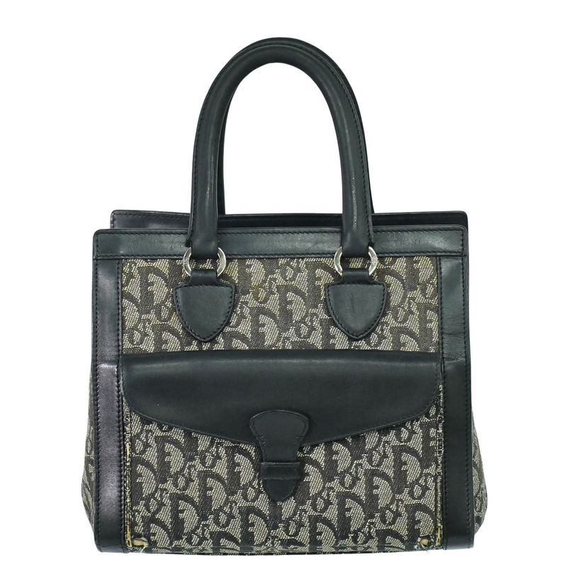 Authentic Christian DIOR Trotter Handbag Canvas Leather Gray Black Trotter Bag