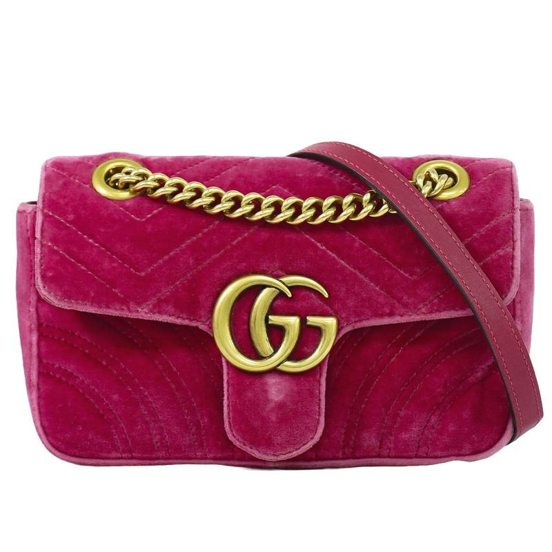 Authentic Gucci GG Marmont Chain Shoulder Bag Pochette Velour Pink 446744 Bag