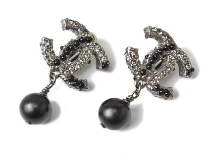 Chanel Earrings Accessories Rhinestone Pearl Gunmetal Black