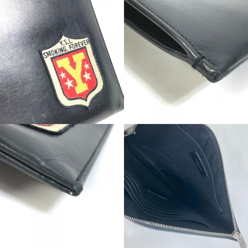 Saint Laurent Paris Clutch Bag Logo Patch 397295 Leather Black