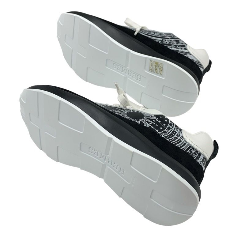 Hermes Glam Sneakers Shoes Leather Suede Black White Bandana Pattern
