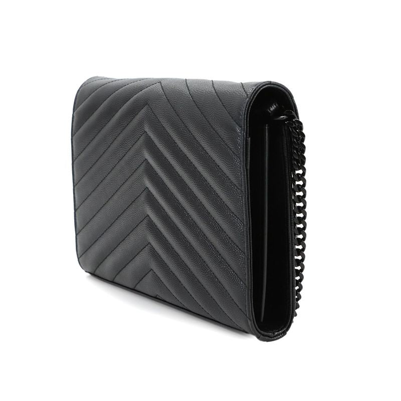 Saint Laurent Cassandra Chain Wallet Long Wallet Leather Black 377828 Silver