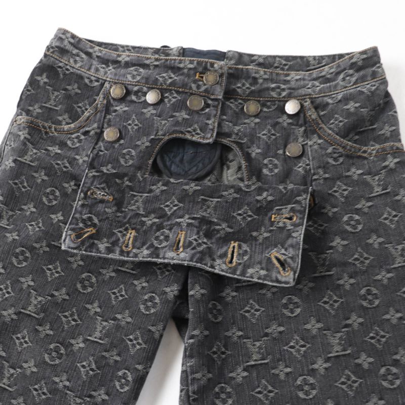 Louis Vuitton 100% Cotton Monogram Denim Pants With Logo Button Indigo Black 38