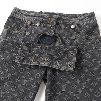 Louis Vuitton 100% Cotton Monogram Denim Pants With Logo Button Indigo Black 38
