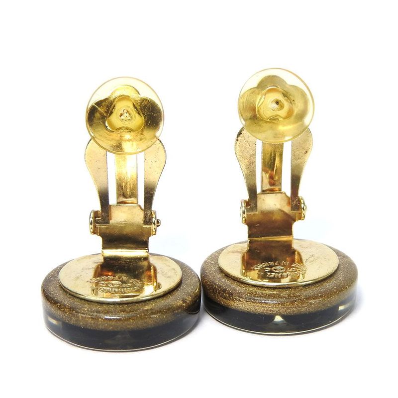 Chanel Earring Coco Mark Clover Four Leaves Black Gold Plated GP 01C Accessory