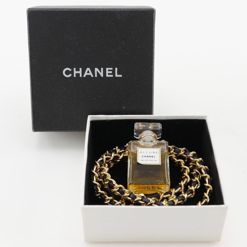 Chanel Parfum Bottle Allure Gold Plated And Leather Ladies 32.2g Necklace