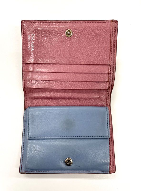 Prada Etiquette Calf Leather Compact Wallet Bifold Wallet Pink X Light Blue