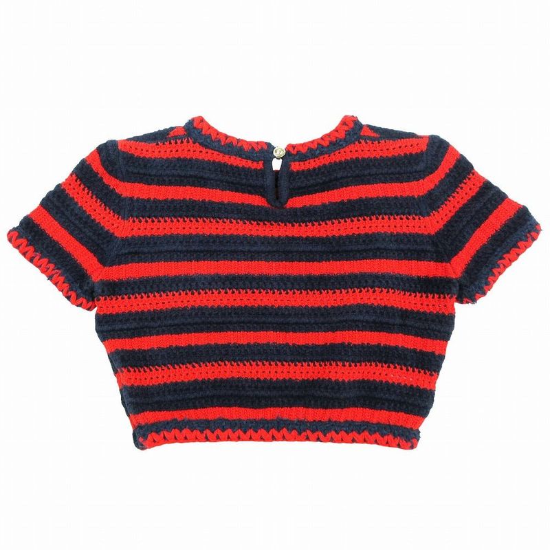 Chanel P70323k10021 21c Cropped Striped Knit Pullover Top Short Sleeves Red