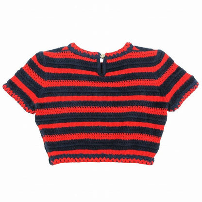 Chanel P70323k10021 21c Cropped Striped Knit Pullover Top Short Sleeves Red