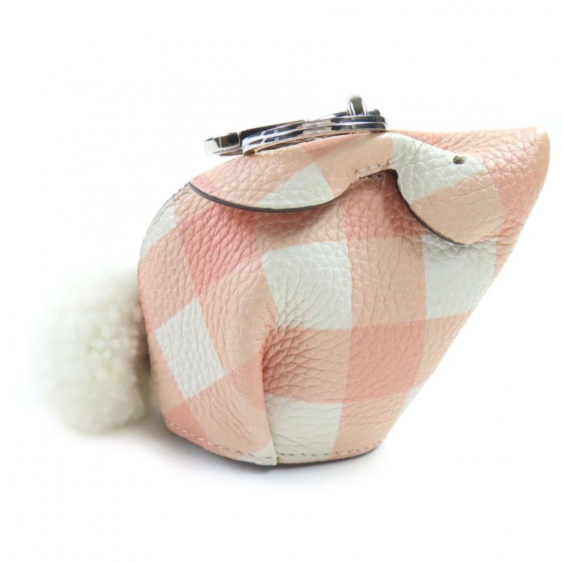 LOEWE Gingham Check Rabbit Charm Leather Coin Case Pink White Silver Hardware