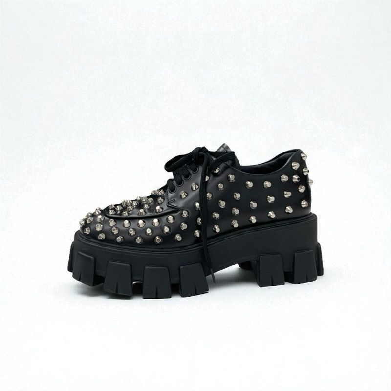 Prada Monolith Loafers Leather Shoes Leather Black Silver Studded Lace Up Shoes