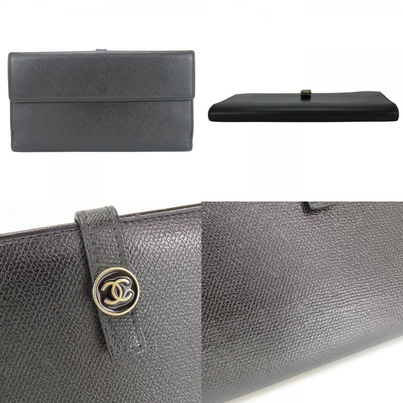Chanel Long Wallet Coco Button Leather Black Fold Double Hook Coco Mark Ladies