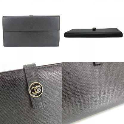 Chanel Long Wallet Coco Button Leather Black Fold Double Hook Coco Mark Ladies