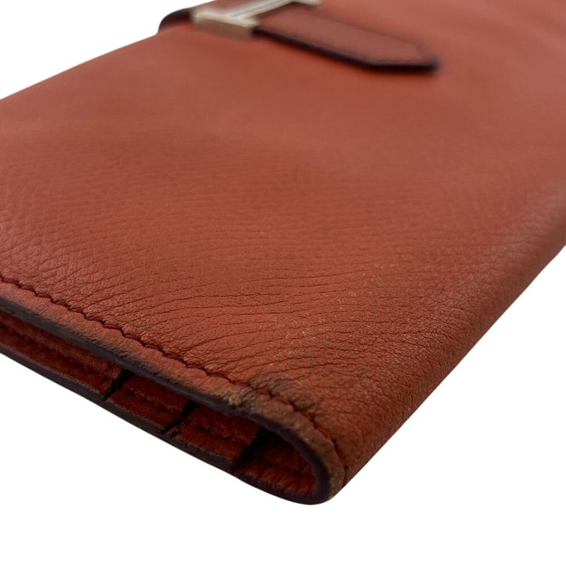 Hermes Bearn Fold Long Wallet Branded Card Holder Coin Purse Orange Ladies