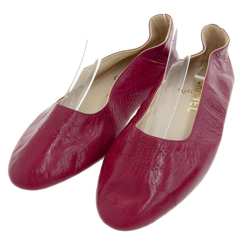 Chanel Vintage Perforated Coco Mark Leather Flat Room Shoes 23-24cm (9.45in) Red