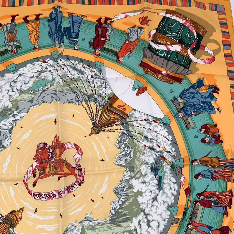 Hermes Carre 90 Scarf Silk Prieres AU VENT Prayer In The Wind Orange