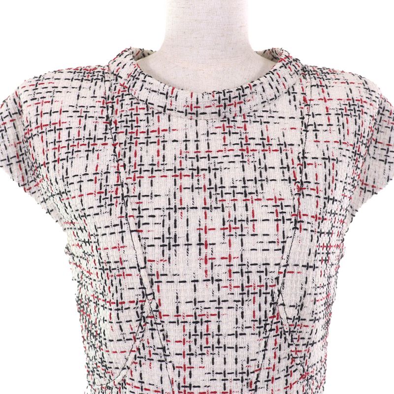 CHANEL P50967 Cotton Coco Mark Button French Sleeve Tweed Dress Ivory Black Red