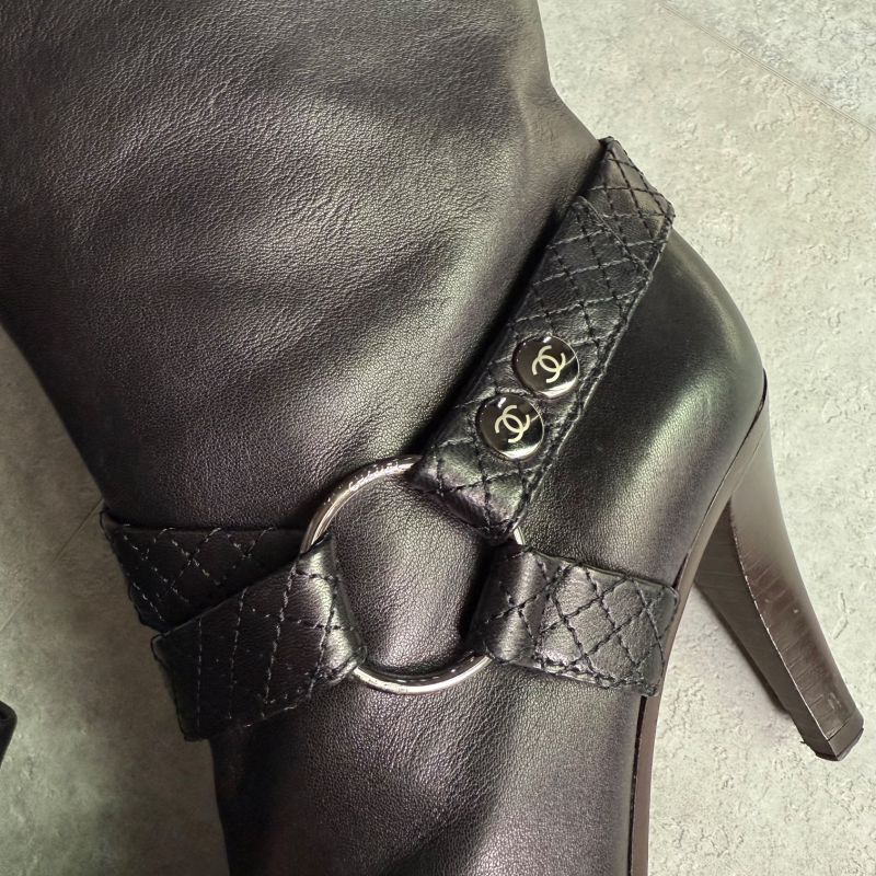 Chanel Matelasse Leather Belt Boots Coco Mark Medium Length Black 37c 24cm