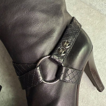 Chanel Matelasse Leather Belt Boots Coco Mark Medium Length Black 37c 24cm