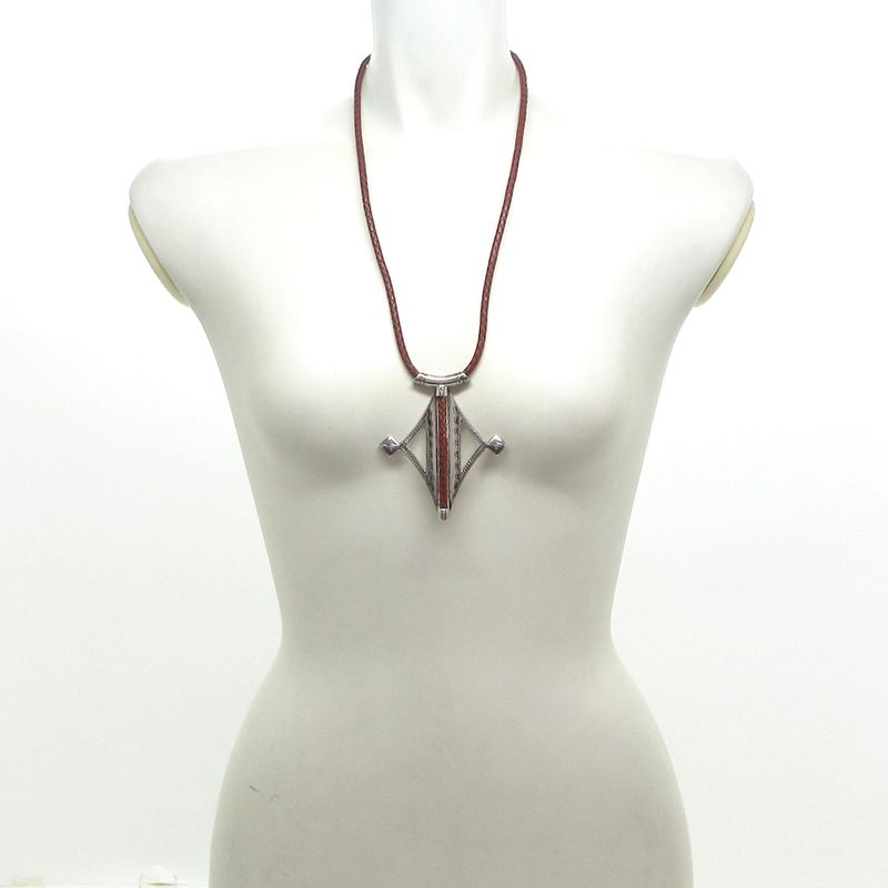 Hermes Necklace Touareg Leather Red×brown×silver