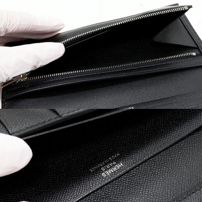 Hermes Long Zipper Wallet With Coin Purse Bearn Souffle Vaume D'adam Black