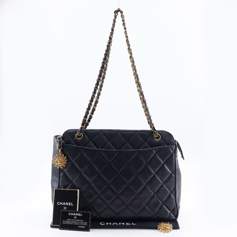 Chanel Chain Tote Matelasse Shoulder Caviar Skin Black Ladies Tote Bag