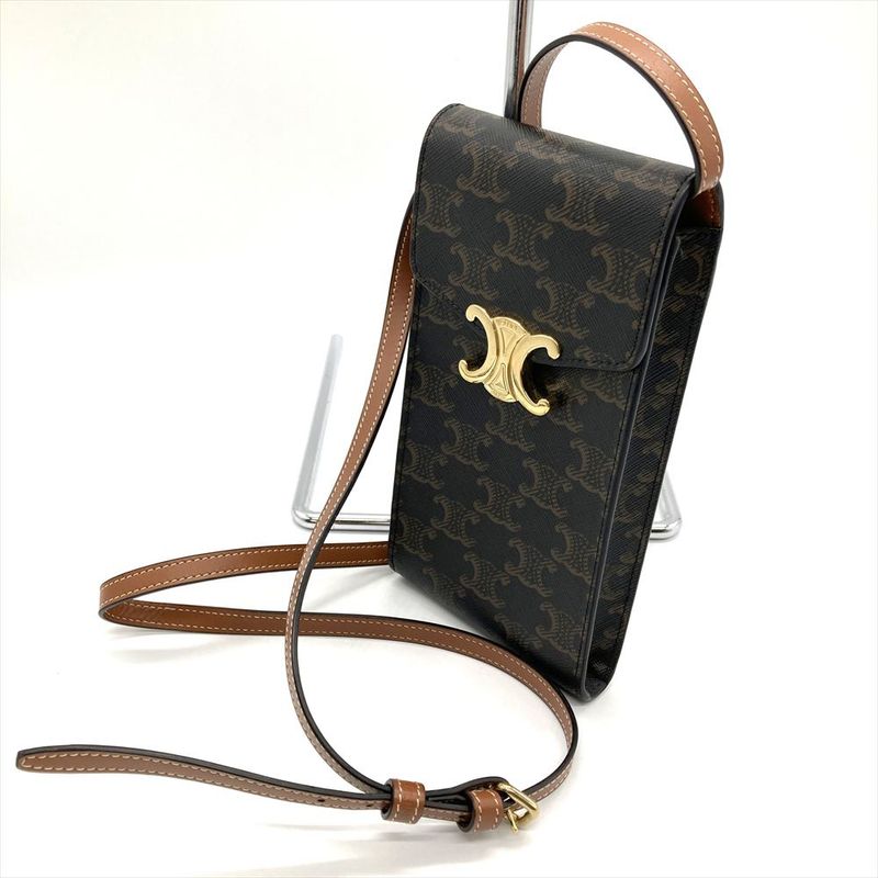 Celine Triomphe Mobile Pouch Pochette Leather Brown Gold Hardware Signature
