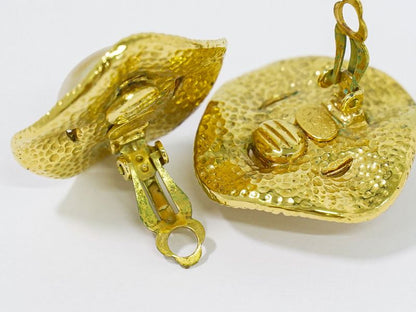 Authentic Chanel Logo Faux Pearl Earrings GP Gold Plated White Accessories