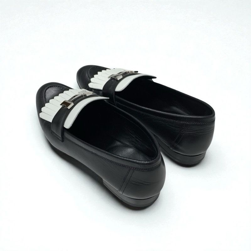 Hermes Royale Loafers Leather Shoes Black White Hhardware Fringe