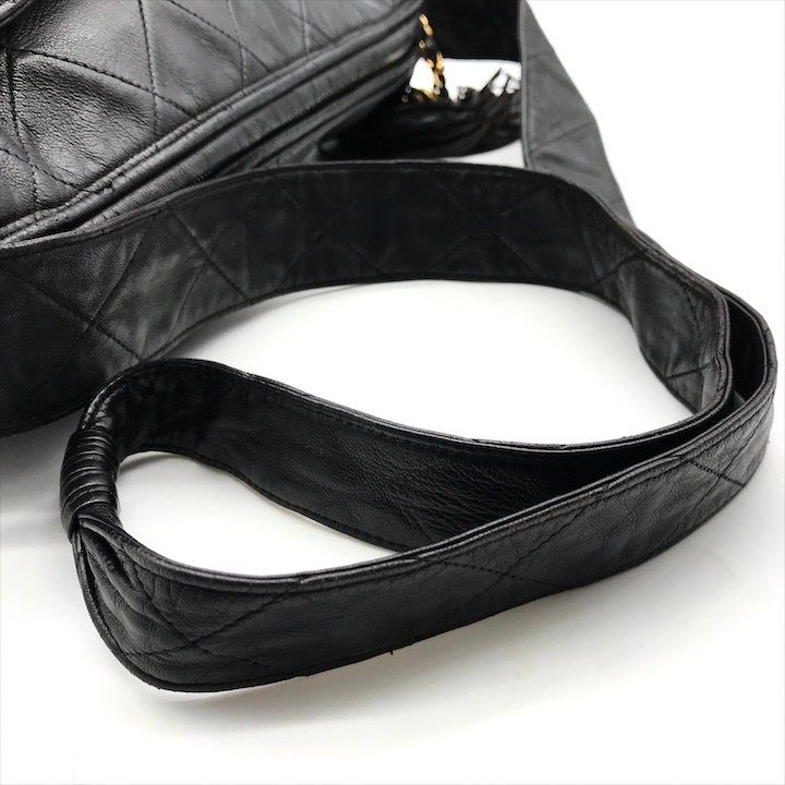 Chanel CC Logo Quilted Lambskin Fringe Shoulder Bag Crossbody Black