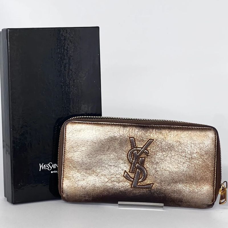 YVES Saint Laurent Long Wallet Round Zipper YSL Bronze Leather 07bs176