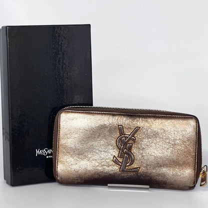 YVES Saint Laurent Long Wallet Round Zipper YSL Bronze Leather 07bs176