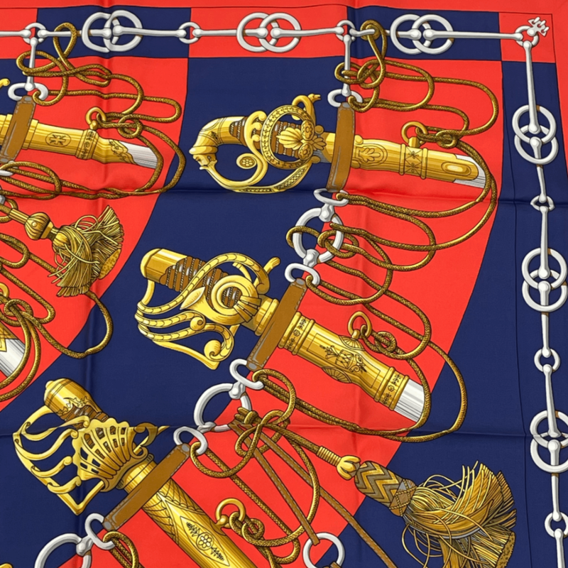 Hermes Scarf Carre 90 Cliquetis Camicie Sword Pattern Navy Red Gold Silk