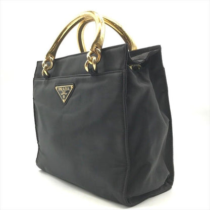 Prada Triangle Logo Nylon Tessuto Metal Handle Hand Bag Black Gold