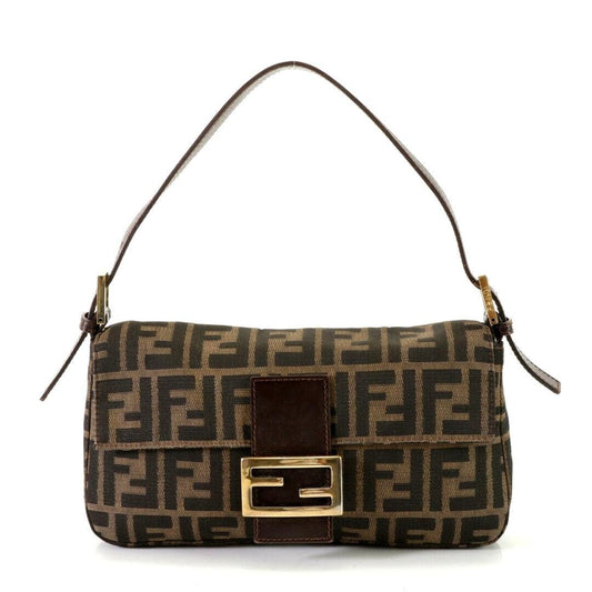 RARE Authentic FENDI Zucca GHW Mamma Baguette Canvas Leather Shoulder Bag Brown - The Reluxe