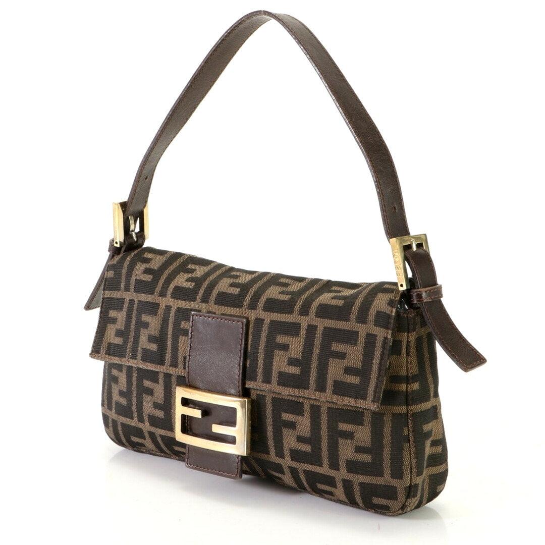 RARE Authentic FENDI Zucca GHW Mamma Baguette Canvas Leather Shoulder Bag Brown - The Reluxe