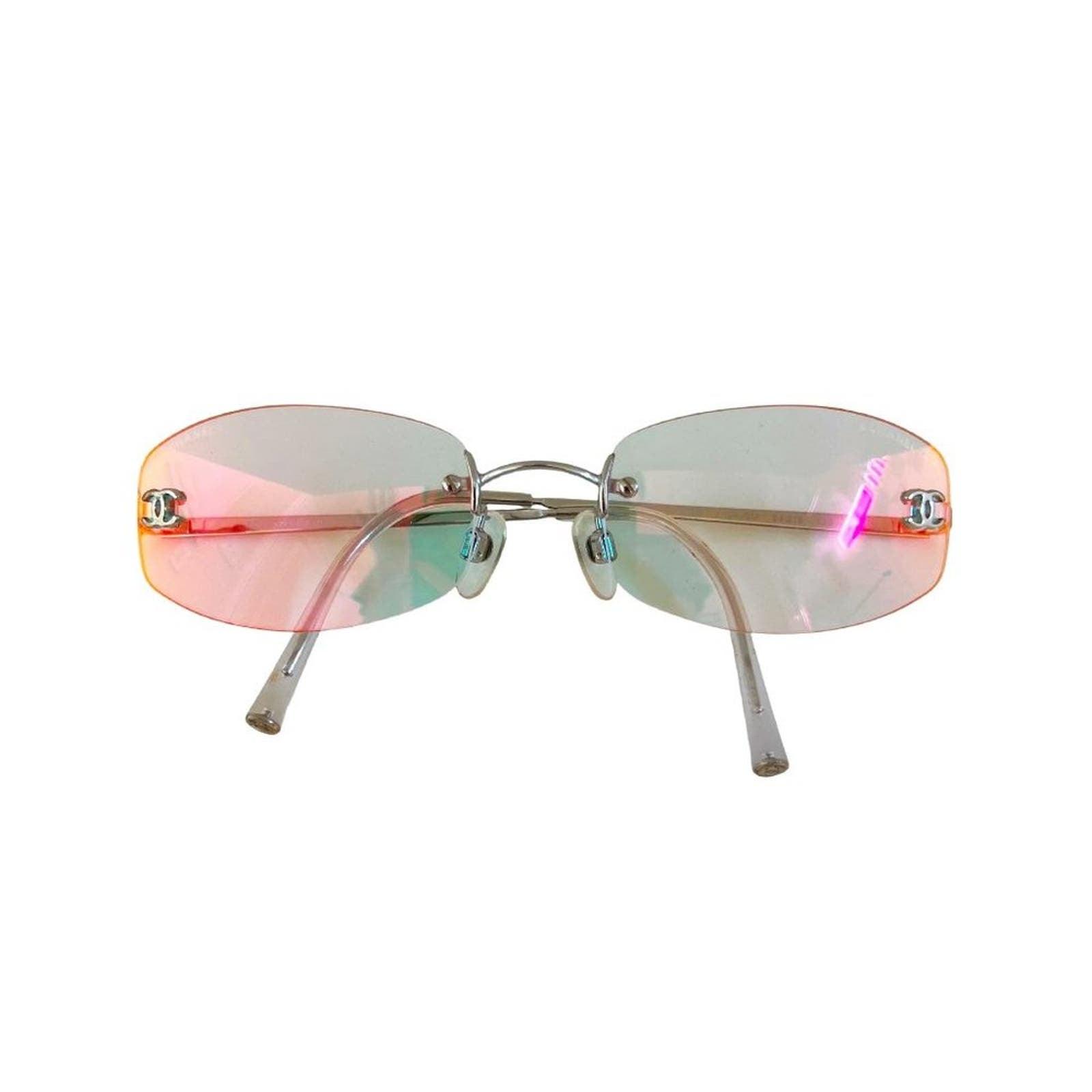 RARE Chanel Vintage Sunglasses Crystal CC Logo Rimless Gradient Iridescent Y2K - The Reluxe