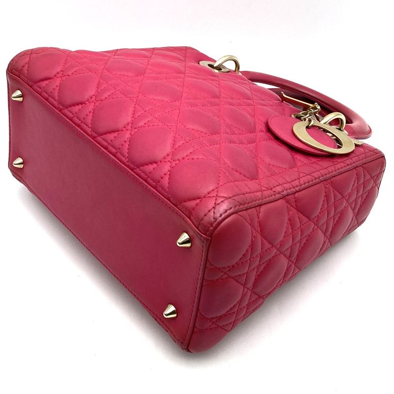 DIOR Lady Dior Medium 2way Shoulder Bag Handbag Leather Pink Gold Hardware