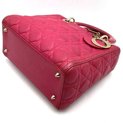 DIOR Lady Dior Medium 2way Shoulder Bag Handbag Leather Pink Gold Hardware