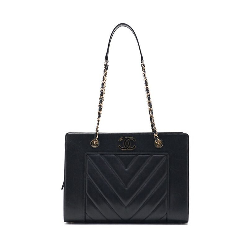 Chanel V Stitch Decacoco Double Chain Shoulder Lamb Skin Black With Gold