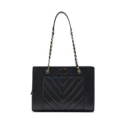 Chanel V Stitch Decacoco Double Chain Shoulder Lamb Skin Black With Gold