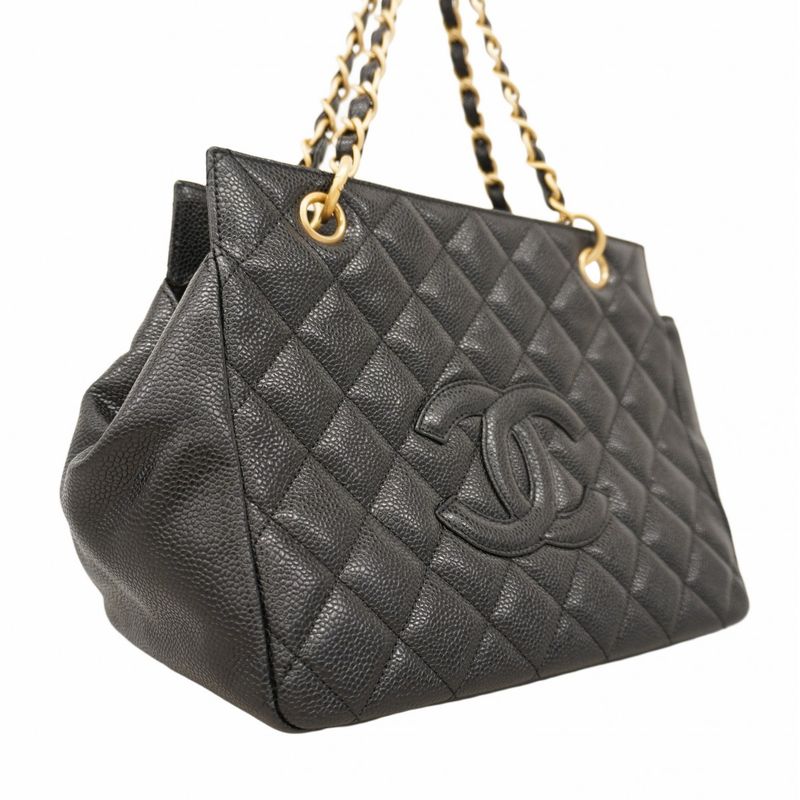 Chanel Handbag Matelasse Chain Caviar Skin Black Gold Hardware Women