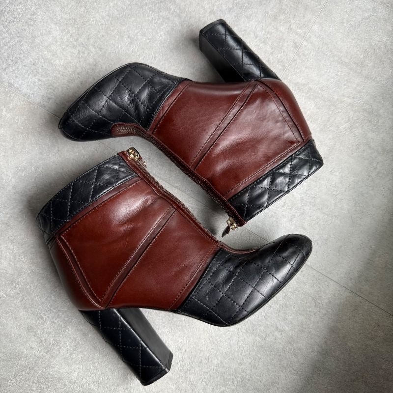 Chanel Matelasse Coco Mark Zip Up Boots Leather Brown Black Bicolor 37c 24cm