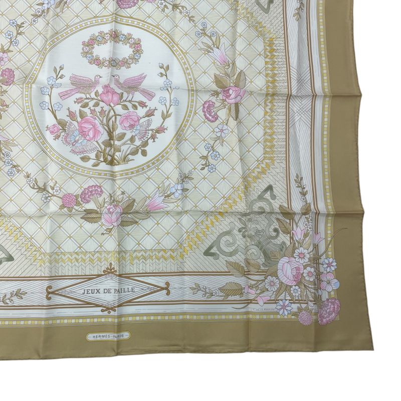 Hermes Large Scarf Silk Carre 90 JEUX DE Paille Straw Play Beige